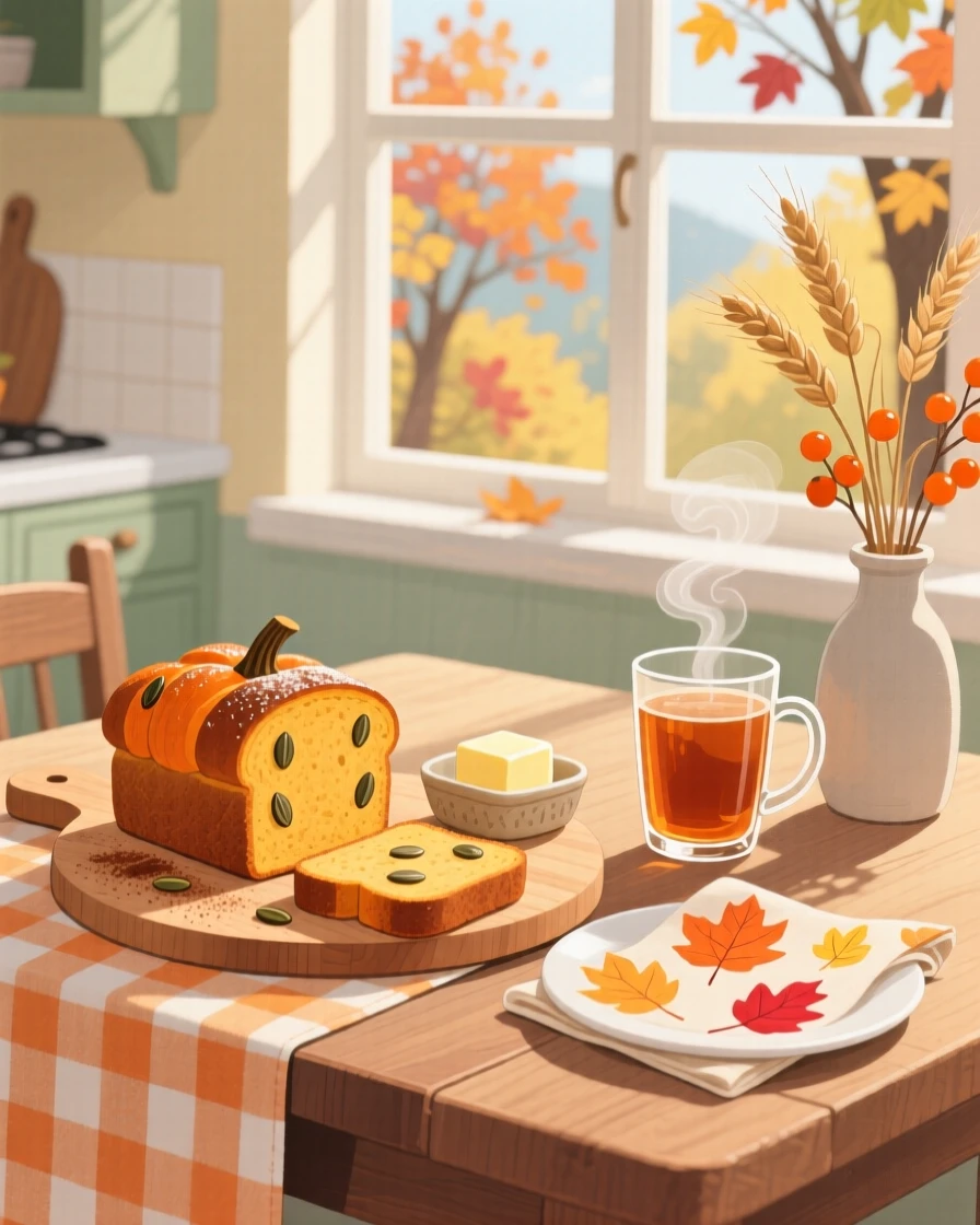 A cozy autumn breakfast with pumpkin bread and warm cider, filled with seasonal charm.