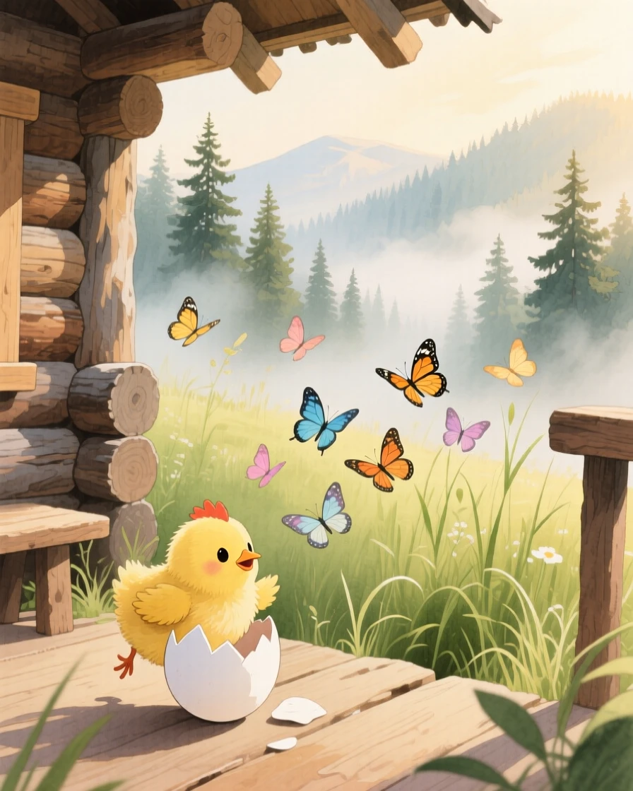 A chick hatching from its egg chasing butterflies through tall grass, set in a mountain cabin porch overlooking misty pines, evoking warmth and gentle affection.
