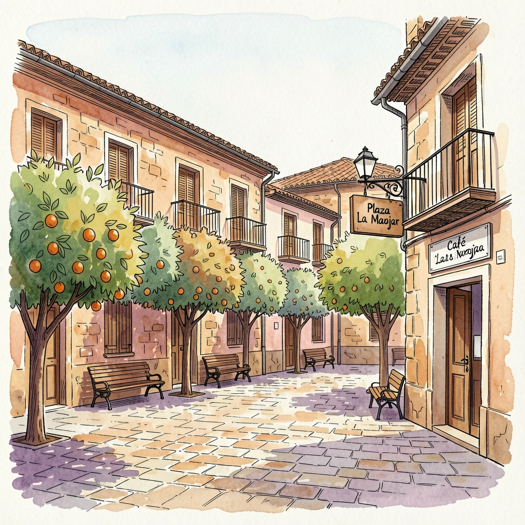 A quiet plaza in an old Spanish town lined with orange trees, warm afternoon light settling over the weathered stone and rooftops.