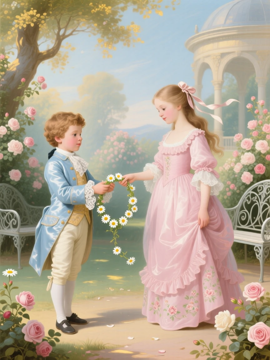 A little boy offering a daisy chain to his older sister  