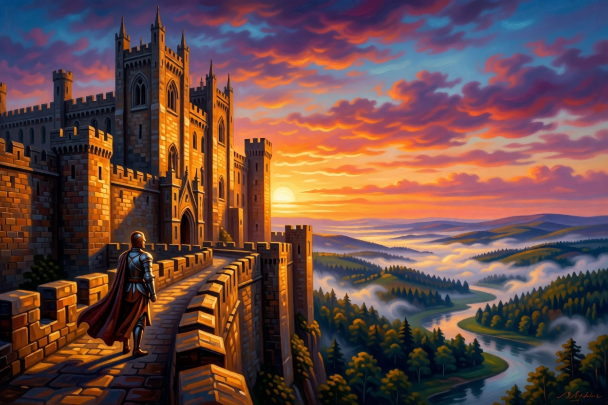 A sentry walks the ramparts of a grand castle rising above a misty valley as the sun sets behind the walls.
