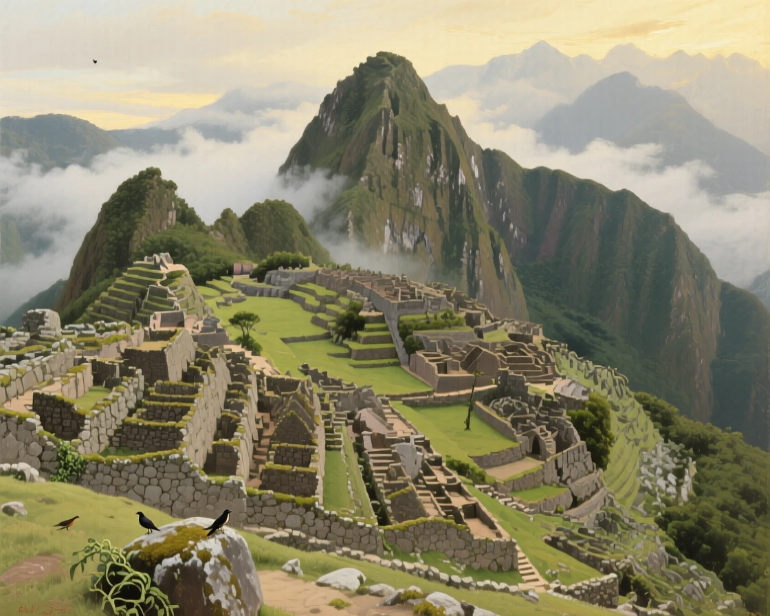 A dramatic view of Machu Picchu emerging from morning cloud cover, with centuries of history visible in every weathered detail, evoking a strong sense of place, history, and atmosphere