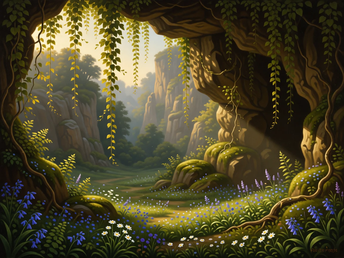 A hidden grotto with sunlight filtering through overhanging vines holding the hush of early morning before the world awakens, set far from any signs of human presence, with wildflowers scattered like scattered jewels across the green; layered depth separates near, middle, and far distance beautifully, capturing a fleeting, golden moment worth preserving forever.