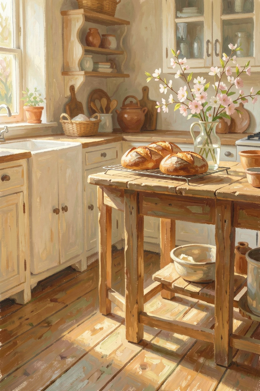 A rustic farmhouse kitchen with fresh bread cooling on the counter and morning light spilling across worn wooden floors, just as the first blossoms of spring appear, filled with a cozy, comforting atmosphere.