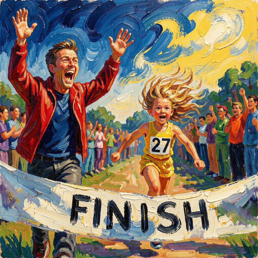 A father cheering loudly from the sidelines as his daughter crosses a finish line.