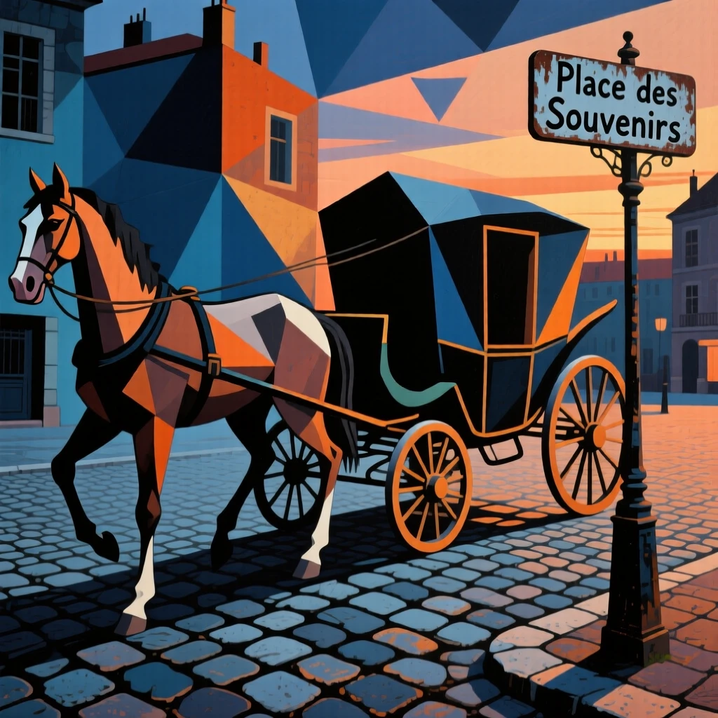 A nostalgic scene featuring a horse-drawn carriage crossing a cobblestone square at dusk.