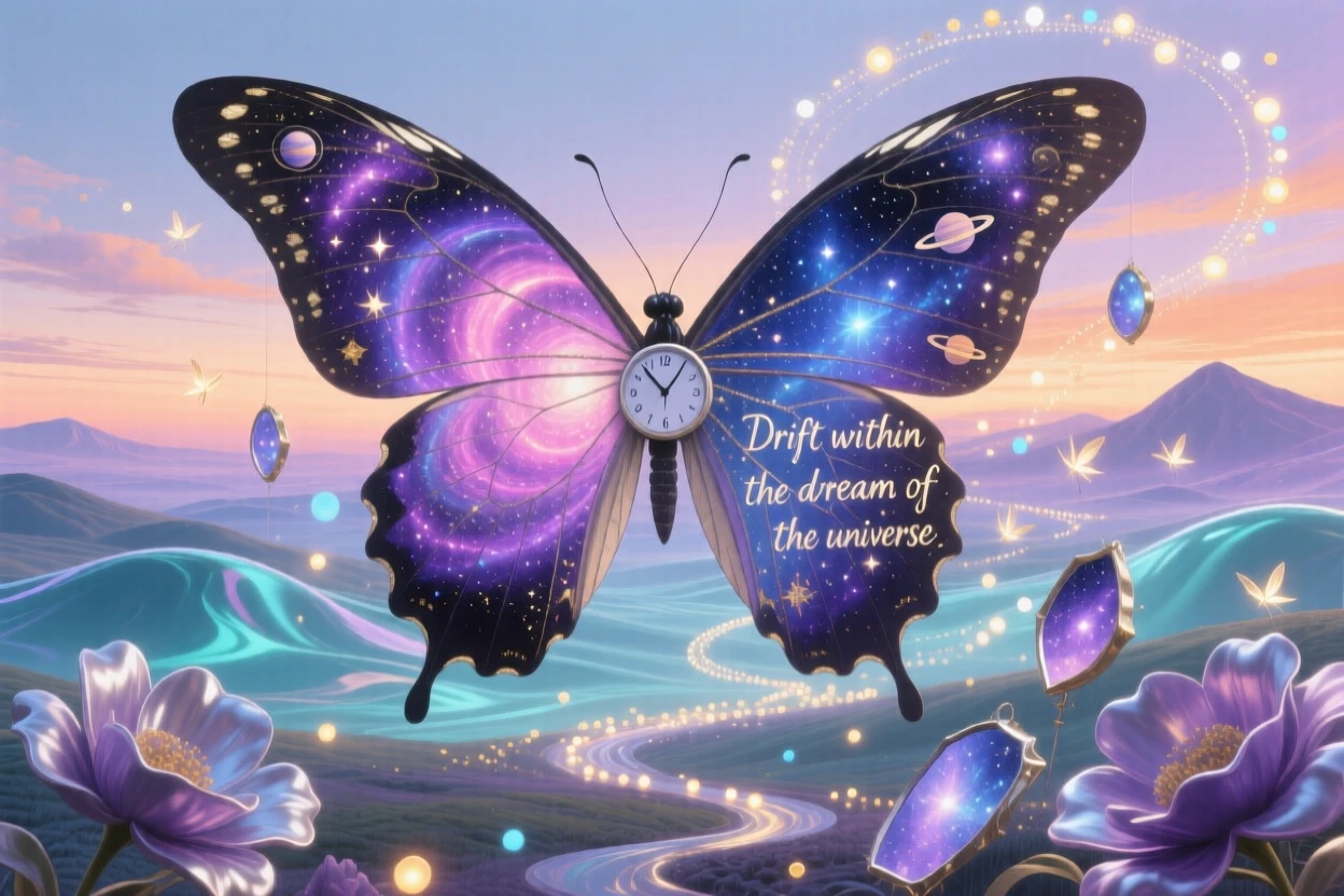A butterfly whose wings are painted with an entire miniature galaxy drifts silently beneath a sky painted in soft twilight colors, while tiny lights trail gently in its wake.