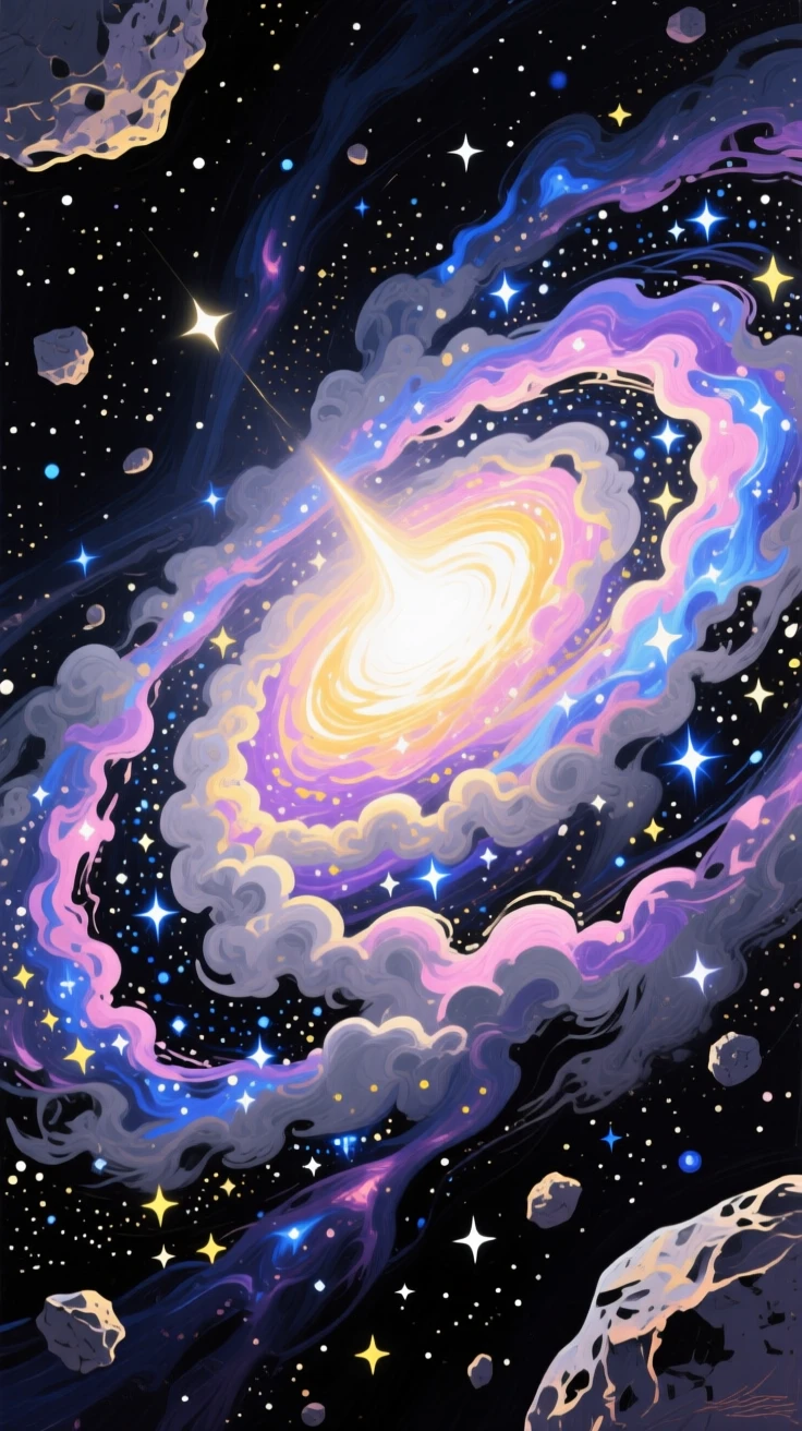A massive spiral galaxy rotates slowly in deep space, its bright core surrounded by swirling arms of stars, dust, and glowing gas clouds, the scale of the scene emphasized by tiny details that suggest an entire hidden world beyond the frame.