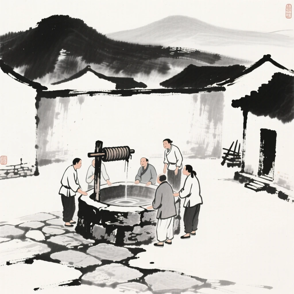 Villagers gather at a well in the center of a quiet stone courtyard, with mountains rising softly in the distance.