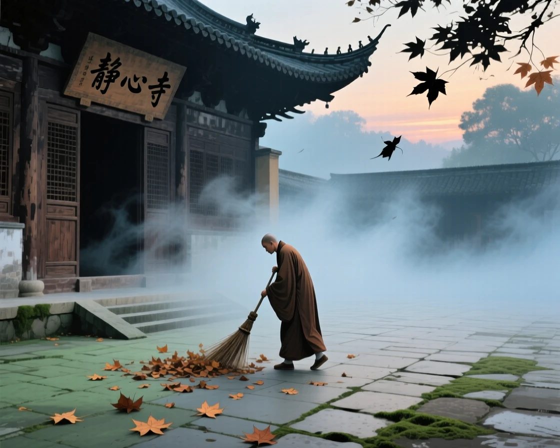 A monk sweeping fallen leaves from a temple courtyard, through swirling morning fog, carrying a mood of wistful nostalgia, at dusk.