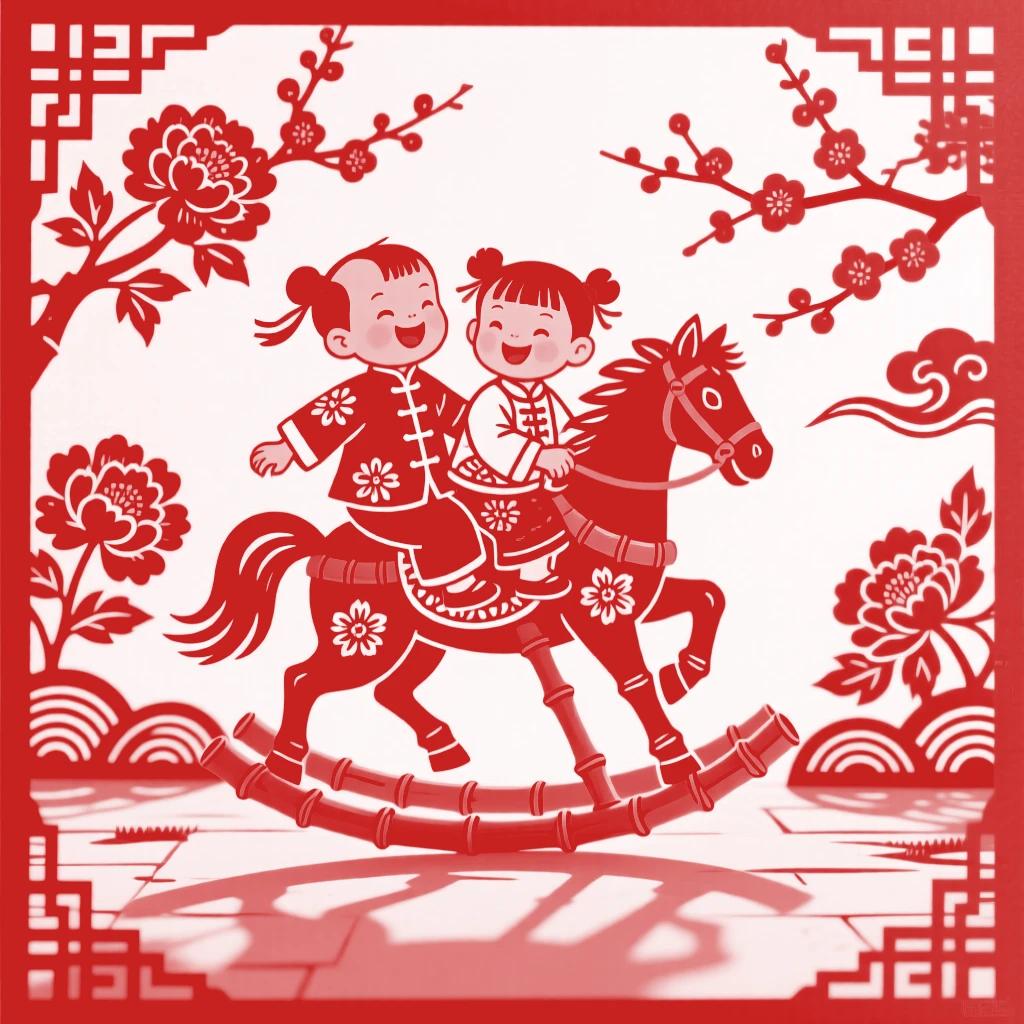 A pair of young siblings, riding a bamboo hobby horse around the yard, a warm afternoon sun casting long gentle shadows.