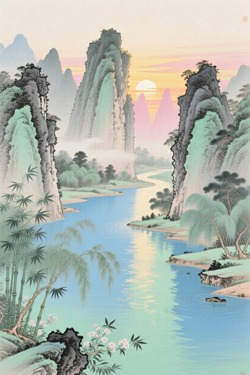 A winding river cutting through limestone karst peaks, with the first light of sunrise touching the highest peak