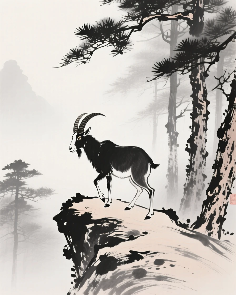 A mountain goat wandering along a windswept ridge in a misty pine forest, captured in profile against a soft, empty background, conveying quiet strength and natural grace.