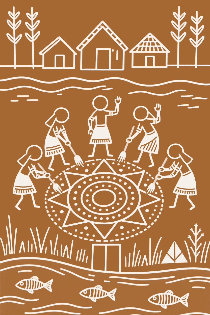 A group of women drawing a ritual pattern at their doorstep at the banks of a holy river.