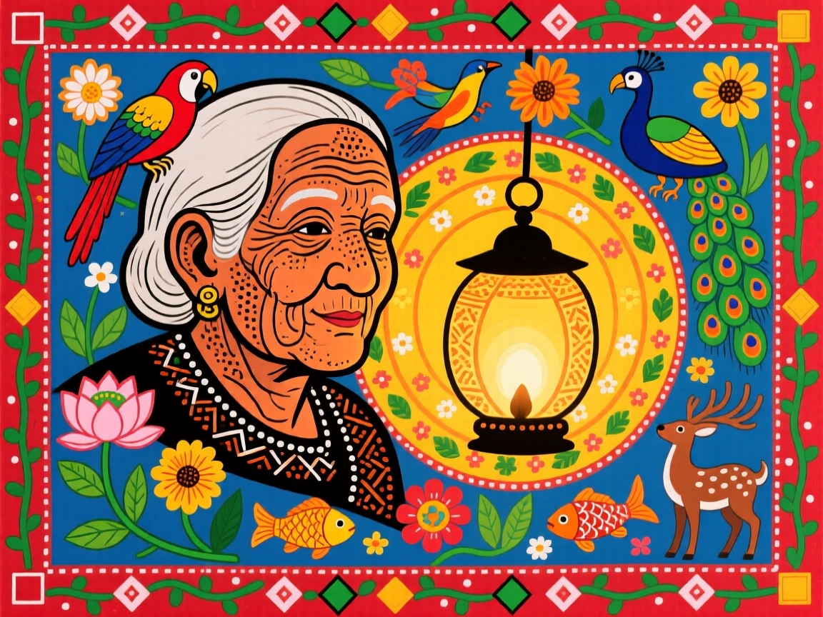 An elder's weathered face lit softly by the glow of a lantern.