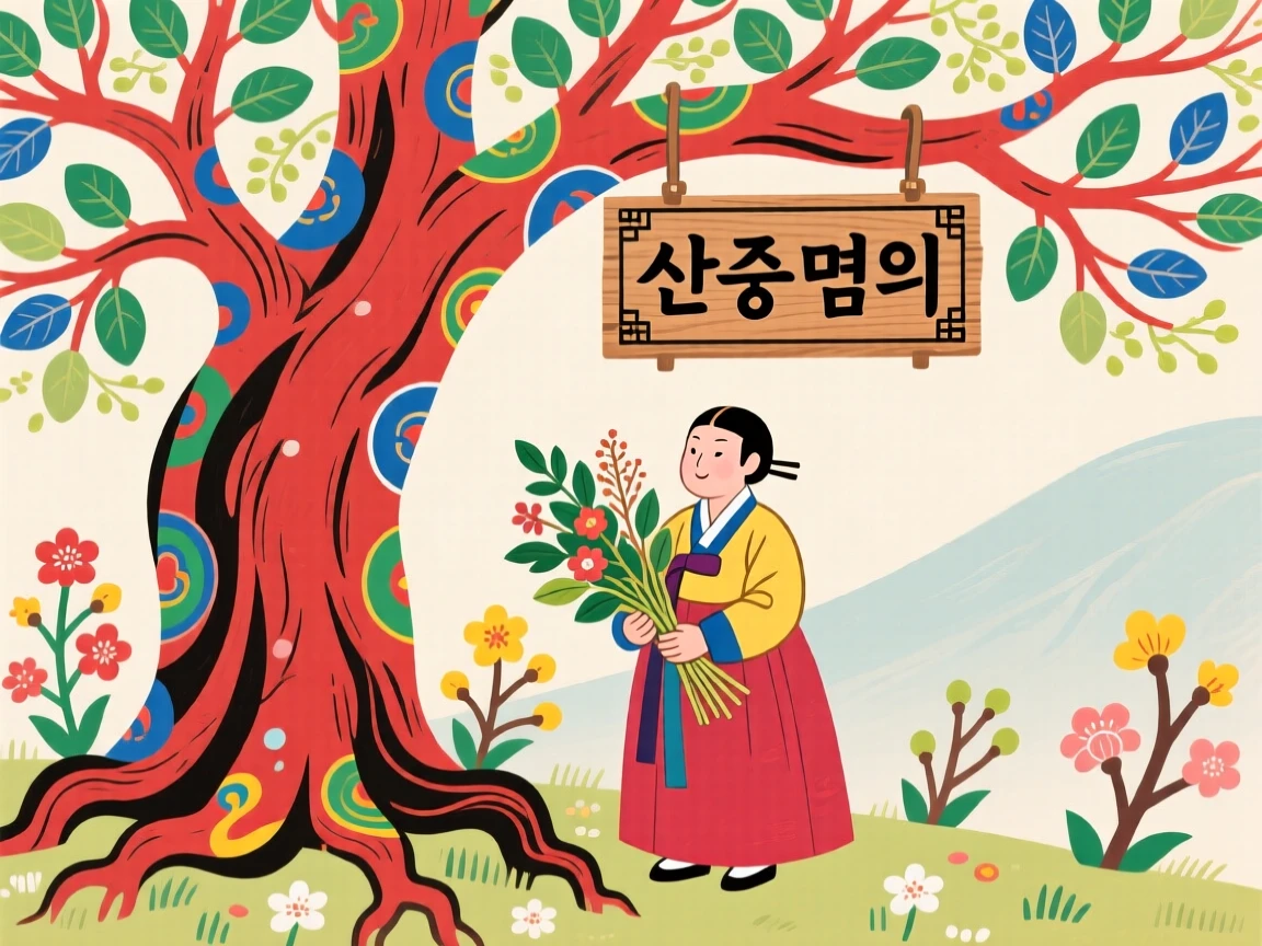A folk healer standing beneath an ancient sacred tree, in the soft light of early spring.