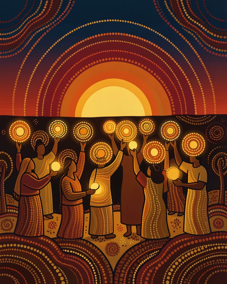 Villagers lighting lanterns for a night festival at sunset