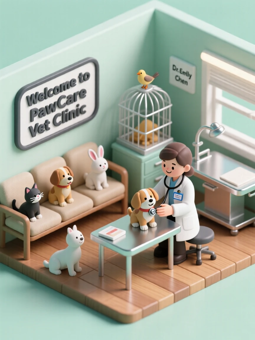 A cozy veterinary clinic with a waiting room full of pets, an examination table nearby, and a vet gently checking a puppy.