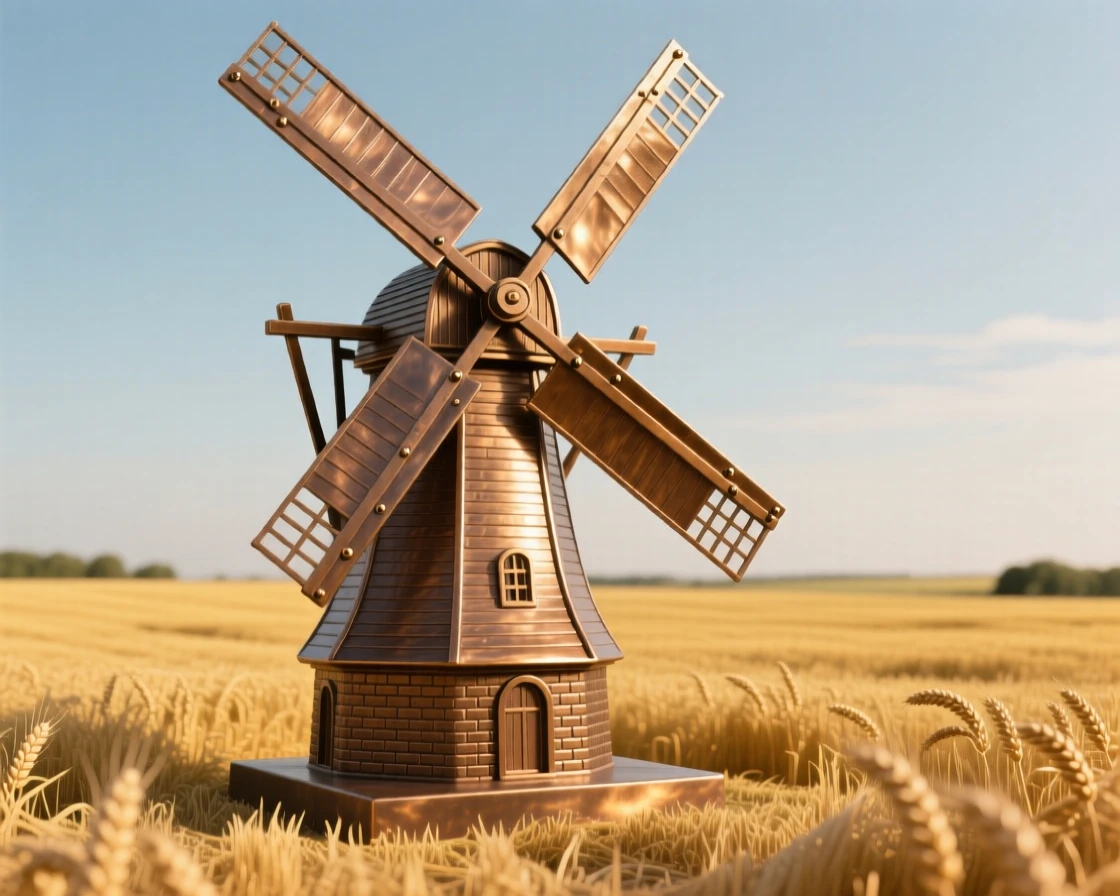A majestic windmill standing in a golden field, with intricate architectural detail throughout, exuding timeless grandeur