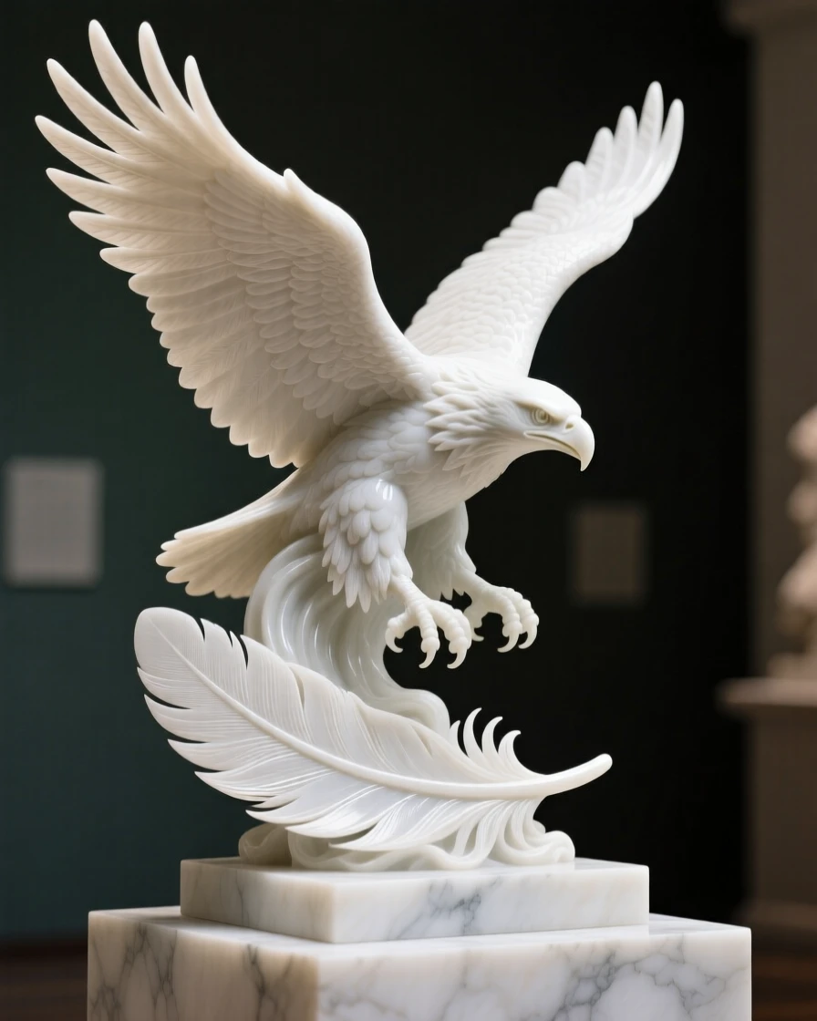 A striking, imaginative composition featuring a single feather transforming into a soaring eagle mid-flight, blending realism with dreamlike wonder