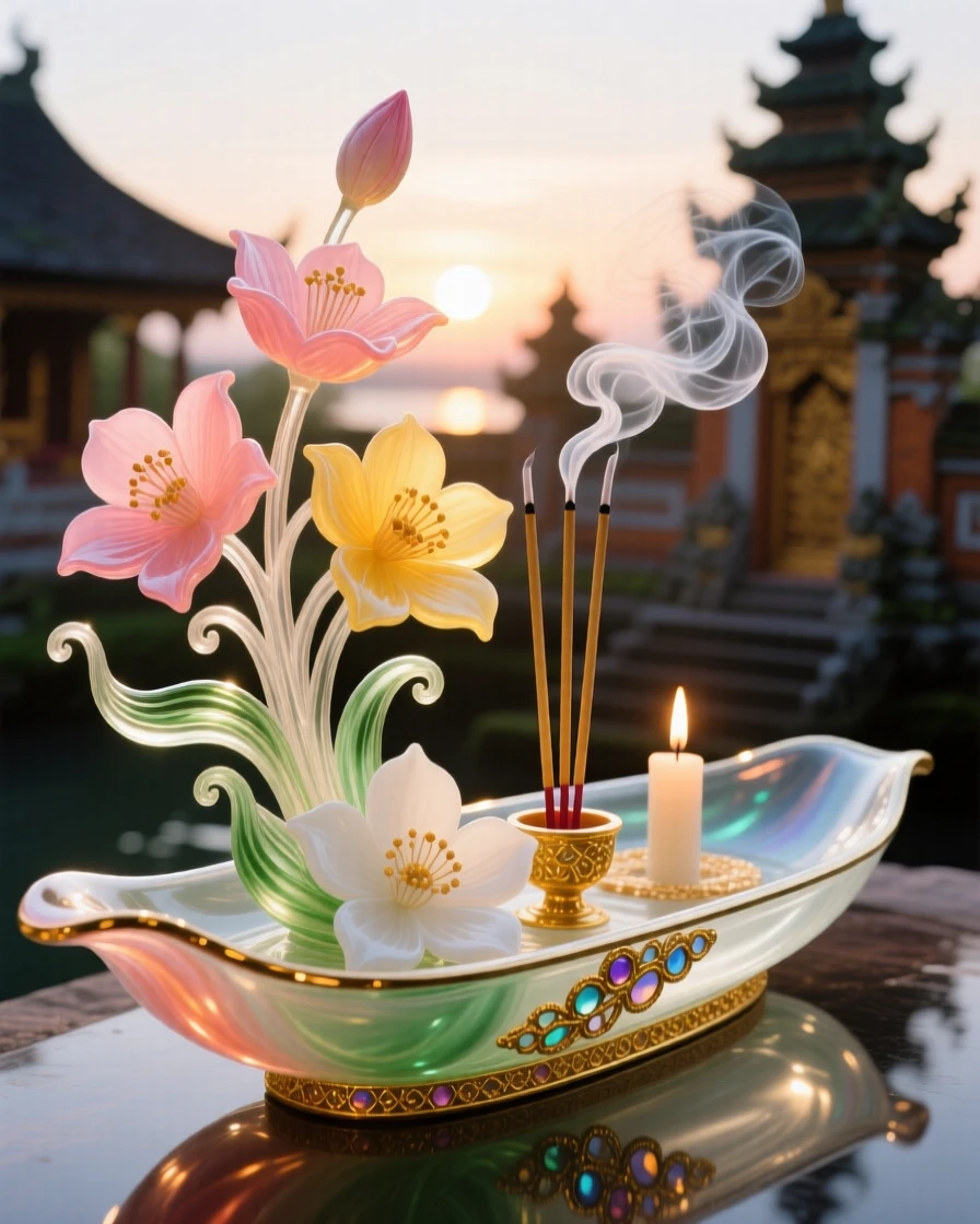 A traditional Balinese temple offering of flowers and incense at dawn, serene and devotional.