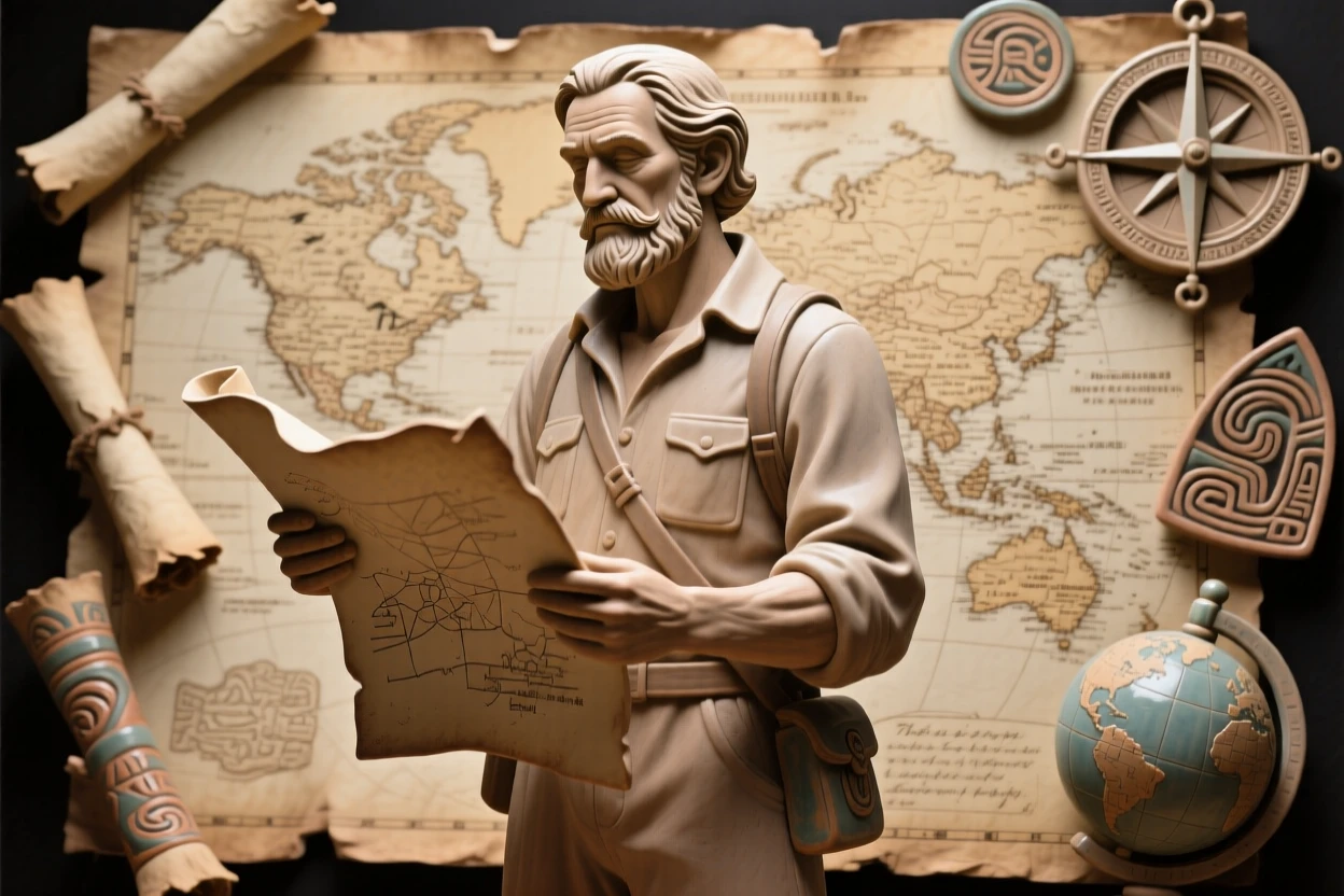 A explorer studying an old world map standing in a commanding, timeless pose, surrounded by symbols of ancient heritage, radiating dignity, honor, and cultural pride.