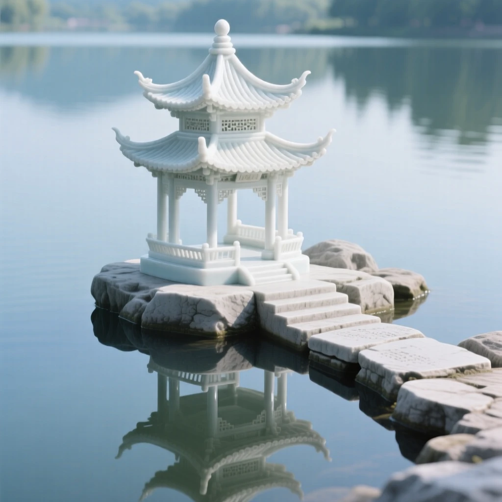 A serene lakeside pagoda nestled in a tranquil reflecting lake, framed by ancient weathered stone steps.
