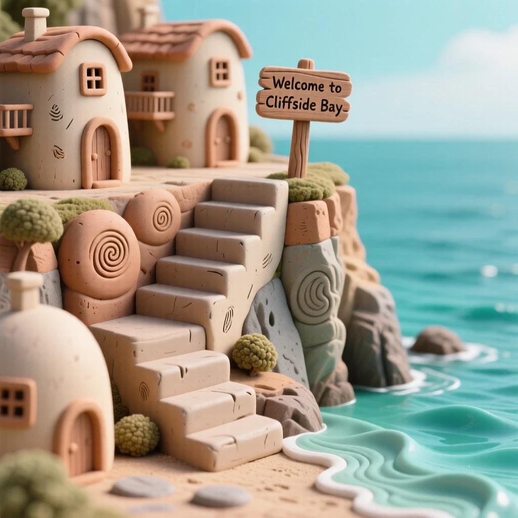 A cliffside village stairway winding down toward a turquoise bay