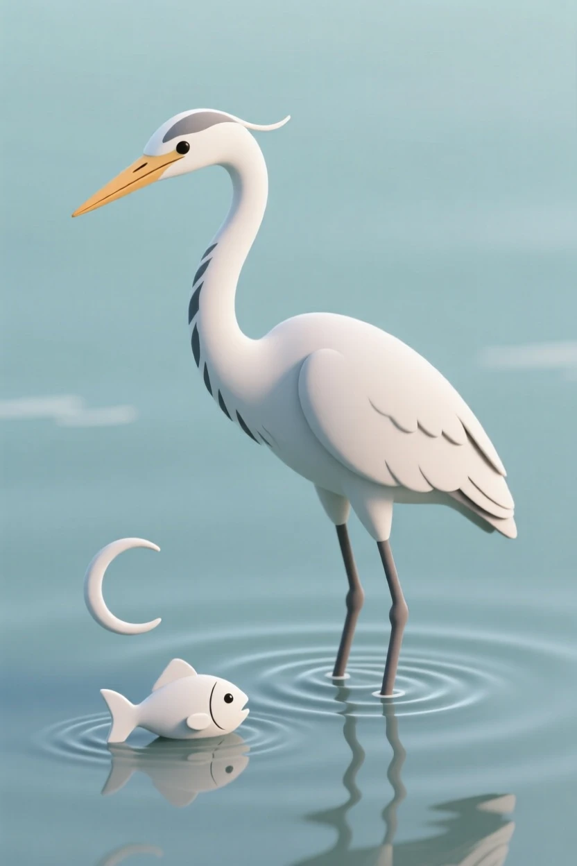 A graceful heron stands perfectly still in shallow water, poised to snatch a passing fish.
