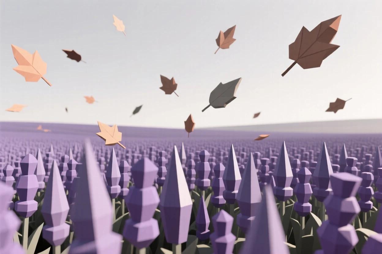 A field of lavender stretching to the horizon, as autumn leaves drift through the air. layers of color create a striking sense of depth. A gentle warmth radiates through the scene.