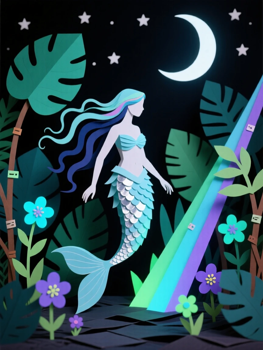 A moonlit mermaid wandering through a bioluminescent jungle at night, with shafts of colored light piercing the darkness, evoking a sense of legend and myth.