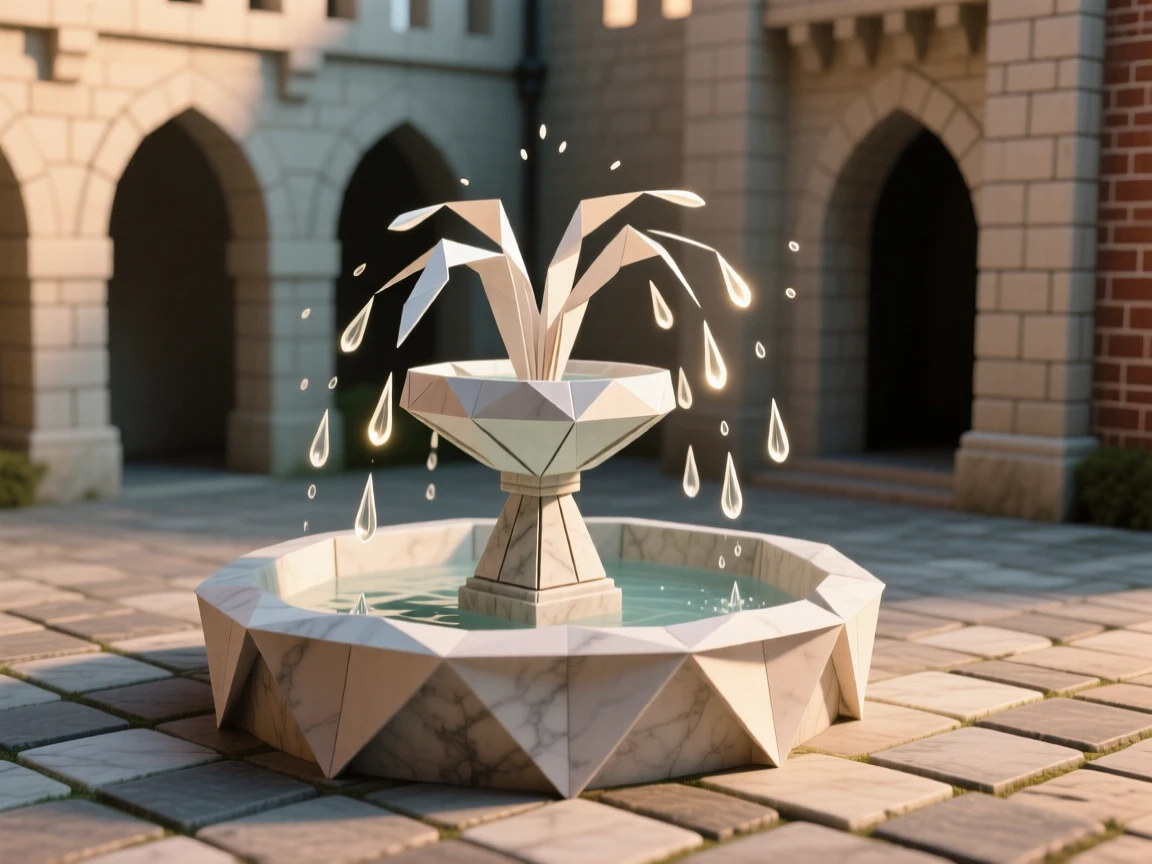 A castle courtyard fountain that sprays glowing water droplets into the evening air.