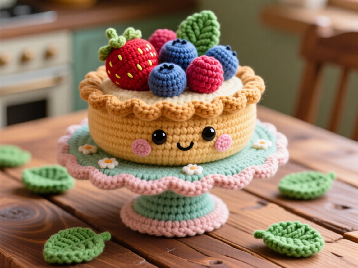 a round berry tart character, topped with glossy fresh berries, displayed on a tiered cake stand, displayed in a rustic wooden kitchen table, with a scattering of fresh mint leaves, radiating bright, appetizing cheerfulness.