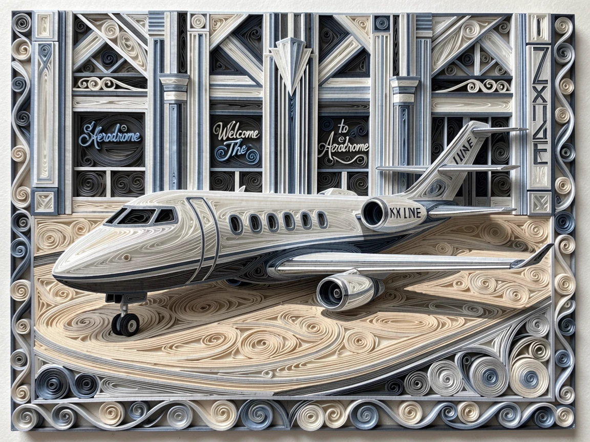 a private jet parked on a sunlit tarmac, in an elegant art deco lobby, composed with glossy reflective surfaces throughout, in cool platinum and silver tones.