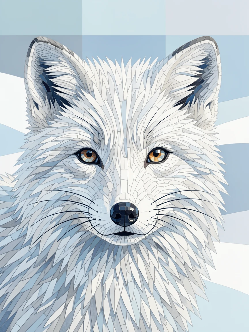 A close-up portrait of an arctic fox with thick white fur in a snowy landscape, showing rich fur or feather detail and expressive eyes.