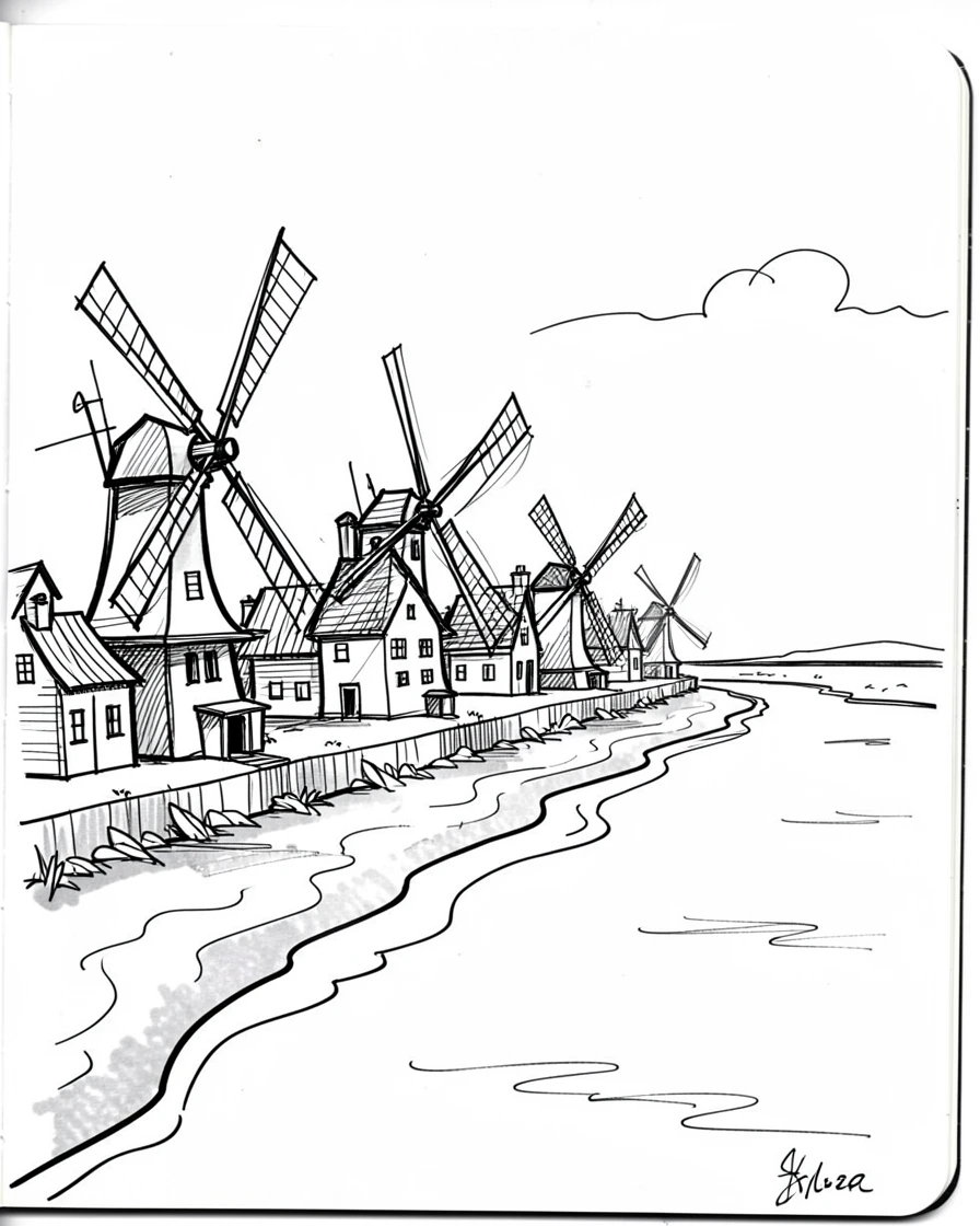 A row of windmills beside a canal overlooking a calm bay.