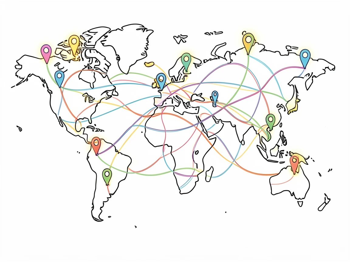 A world map made of intertwined string connecting glowing pinned locations.