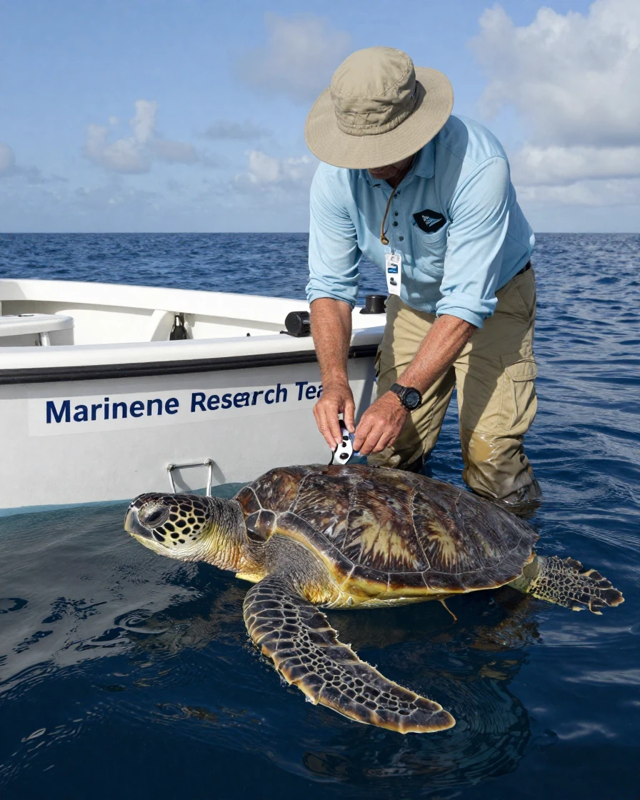 A marine biologist tagging a sea turtle on a research boat