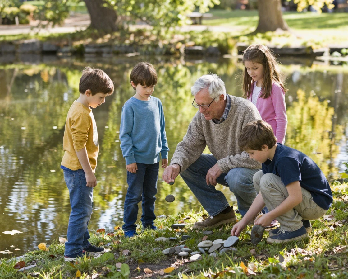 A grandfather teaches his grandchildren to skip stones across a still pond.