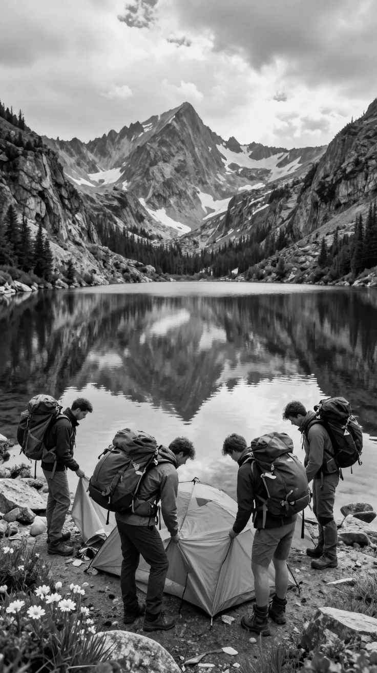 A group of backpackers sets up camp beside an alpine lake at the edge of a still alpine lake.