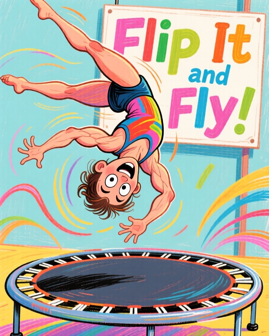A trampoline gymnast flipping mid-air, arms tucked into a perfect somersault.