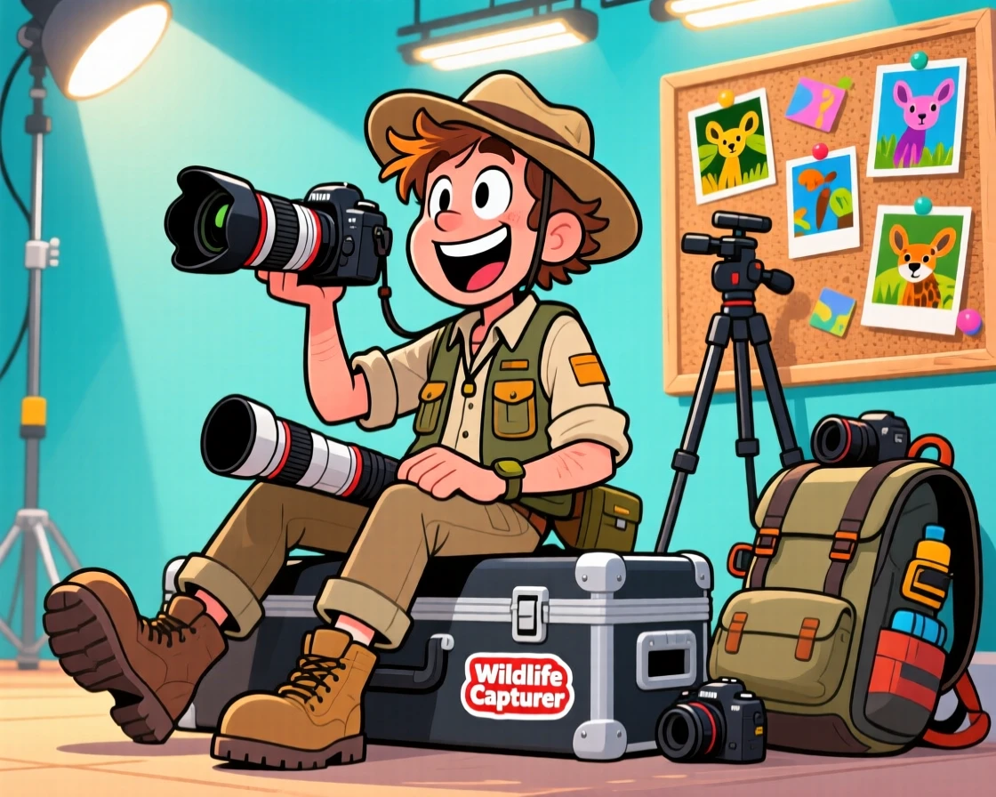 A vibrant profession-themed portrait of a passionate wildlife photographer taking a well-earned break with a proud grin, under bright overhead lights.