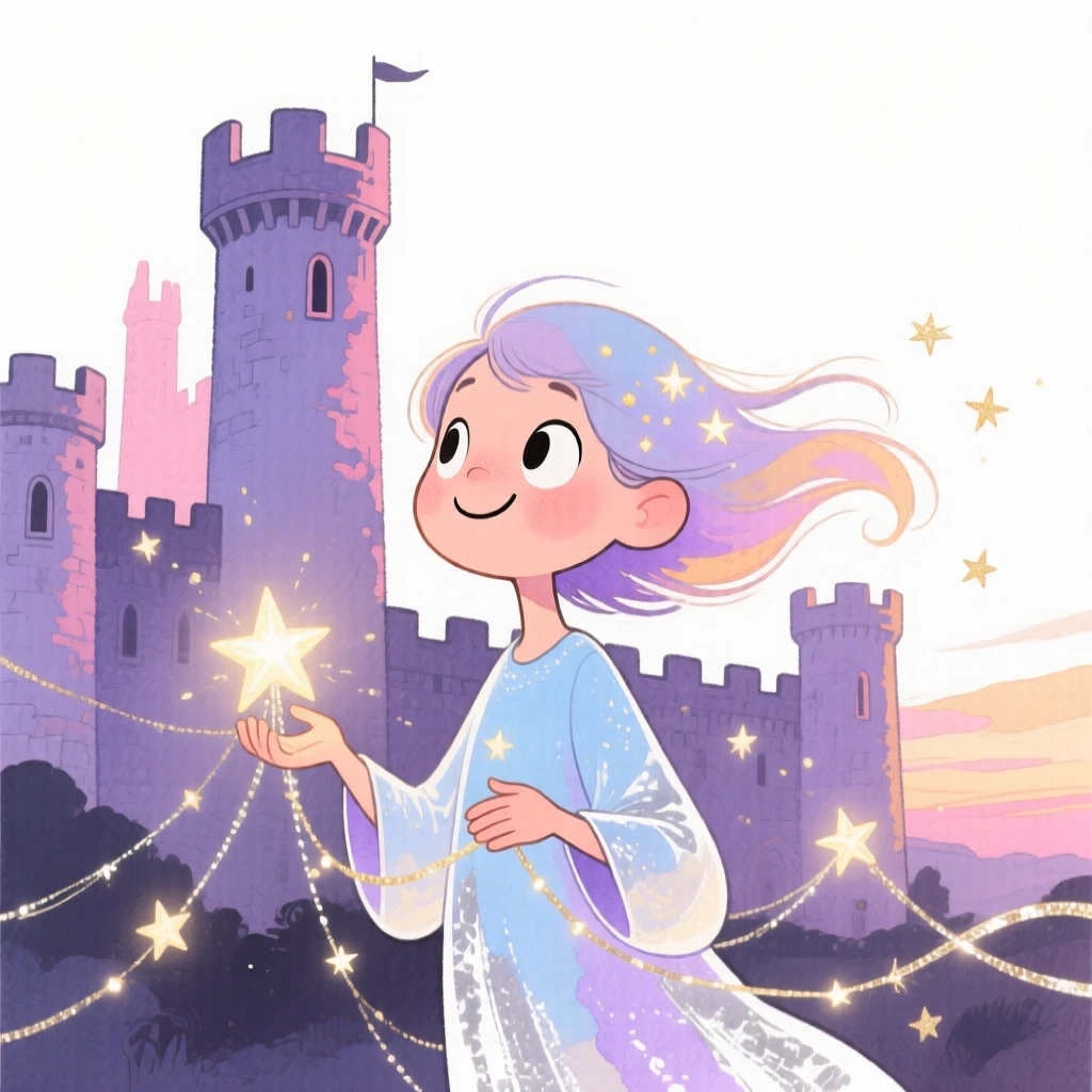 A starlight weaver standing before an ancient castle at dusk