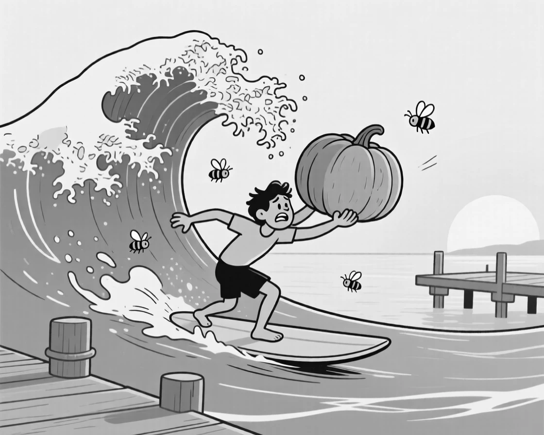 A surfer racing a wave that towers overhead, struggling to lift the pumpkin with both arms, set on a quiet dock at golden hour. A few stray bees hover curiously nearby. There's a fresh, playful energy woven through the moment.