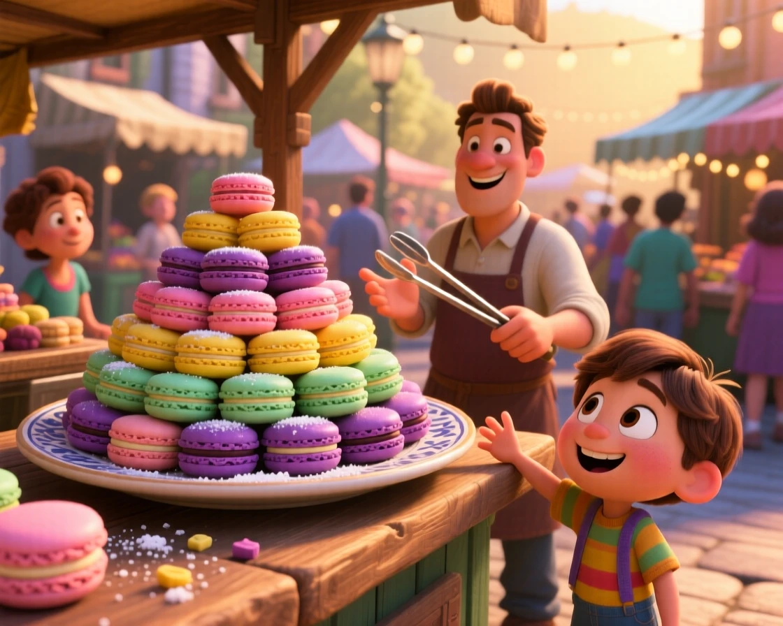 A rainbow of macarons arranged on a plate sits at a bustling street food market stall, with a few crumbs scattered artfully around. A cheerful, mouthwatering warmth surrounds the dish.