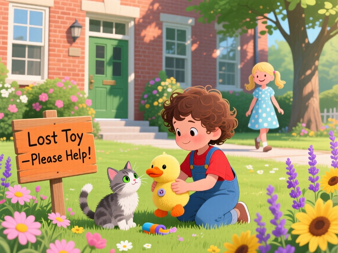 In a garden behind a school, a child and a stray kitten bond over returning a lost toy to its owner, as a new friendship quietly begins.