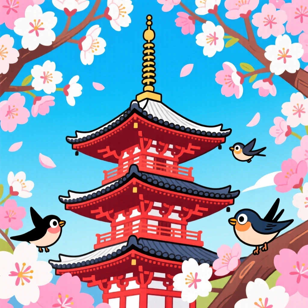 Cherry blossoms framing a view of a traditional pagoda in Kyoto.