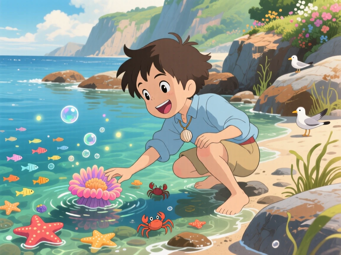 A boy exploring a tide pool with a curious expression, the moment full of laughter and energy.