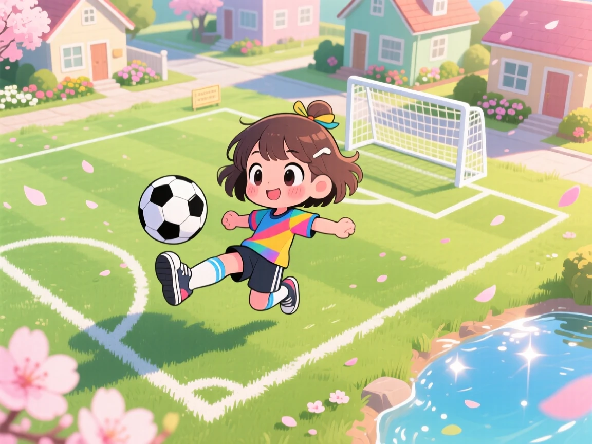 A young girl kicking a soccer ball toward a goal, framed as a bird's-eye view within a sunny neighborhood field, as cherry blossom petals drift on the breeze, glowing under shimmering reflected light off water, evoking peaceful calm.