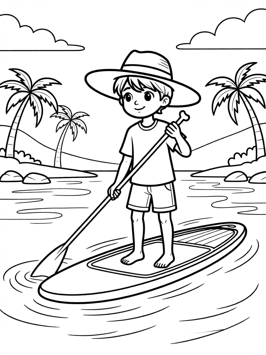 An explorer paddleboarding across a calm turquoise lagoon